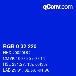 Color code: RGB 0 32 220 | qconv.com