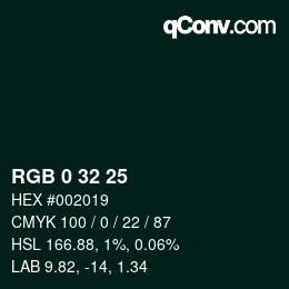 Color code: RGB 0 32 25 | qconv.com
