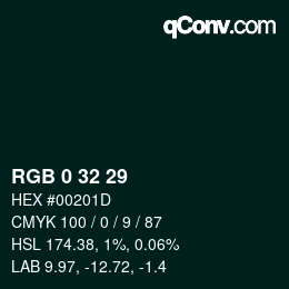 Color code: RGB 0 32 29 | qconv.com