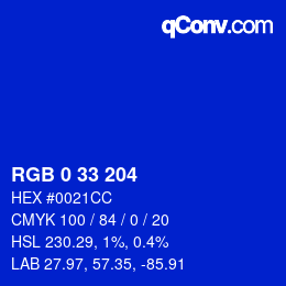 カラーコード: RGB 0 33 204 | qconv.com