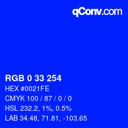 Color code: RGB 0 33 254 | qconv.com