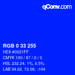 Color code: RGB 0 33 255 | qconv.com