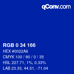 Color code: RGB 0 34 166 | qconv.com