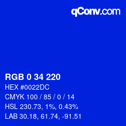 Color code: RGB 0 34 220 | qconv.com