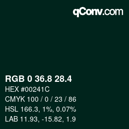 カラーコード: RGB 0 36.8 28.4 | qconv.com