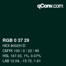Color code: RGB 0 37 29 | qconv.com