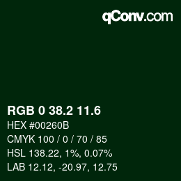 カラーコード: RGB 0 38.2 11.6 | qconv.com
