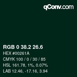 カラーコード: RGB 0 38.2 26.6 | qconv.com