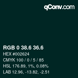 カラーコード: RGB 0 38.6 36.6 | qconv.com