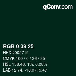 Color code: RGB 0 39 25 | qconv.com