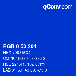 Color code: RGB 0 53 204 | qconv.com