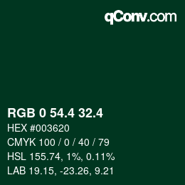 カラーコード: RGB 0 54.4 32.4 | qconv.com