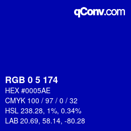 Color code: RGB 0 5 174 | qconv.com