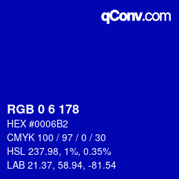 颜色代码: RGB 0 6 178 | qconv.com
