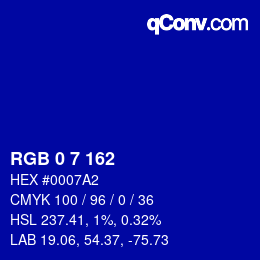 カラーコード: RGB 0 7 162 | qconv.com
