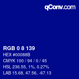 カラーコード: RGB 0 8 139 | qconv.com