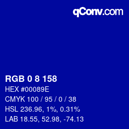 カラーコード: RGB 0 8 158 | qconv.com