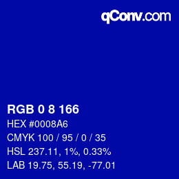 カラーコード: RGB 0 8 166 | qconv.com