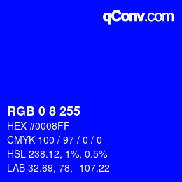 Color code: RGB 0 8 255 | qconv.com