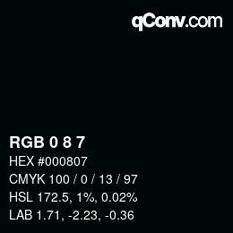 カラーコード: RGB 0 8 7 | qconv.com
