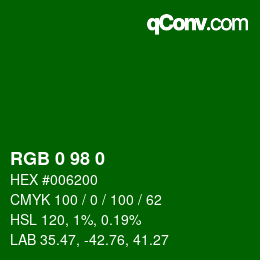 Color code: RGB 0 98 0 | qconv.com