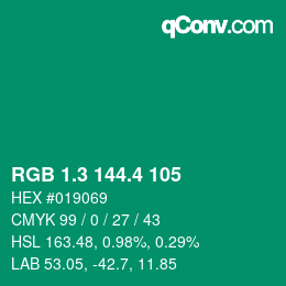 カラーコード: RGB 1.3 144.4 105 | qconv.com