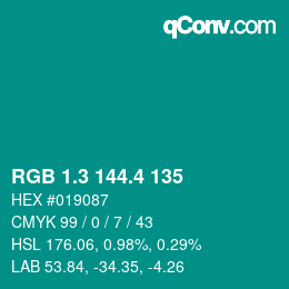 カラーコード: RGB 1.3 144.4 135 | qconv.com