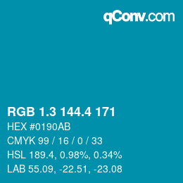 カラーコード: RGB 1.3 144.4 171 | qconv.com