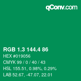 カラーコード: RGB 1.3 144.4 86 | qconv.com
