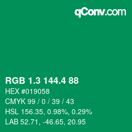 カラーコード: RGB 1.3 144.4 88 | qconv.com