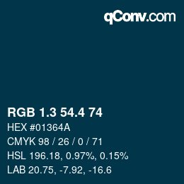 カラーコード: RGB 1.3 54.4 74 | qconv.com