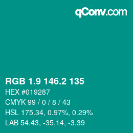 カラーコード: RGB 1.9 146.2 135 | qconv.com