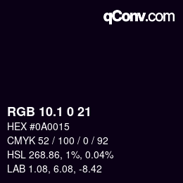 カラーコード: RGB 10.1 0 21 | qconv.com