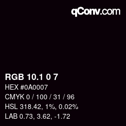カラーコード: RGB 10.1 0 7 | qconv.com