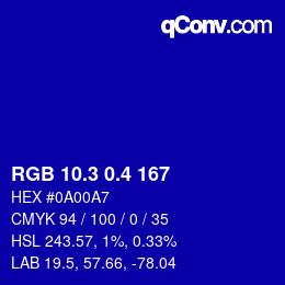 カラーコード: RGB 10.3 0.4 167 | qconv.com