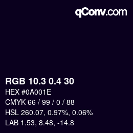 カラーコード: RGB 10.3 0.4 30 | qconv.com