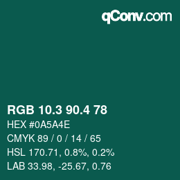 カラーコード: RGB 10.3 90.4 78 | qconv.com