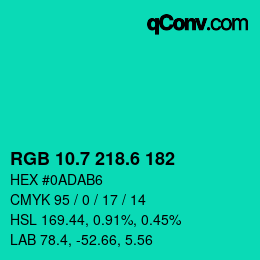 カラーコード: RGB 10.7 218.6 182 | qconv.com