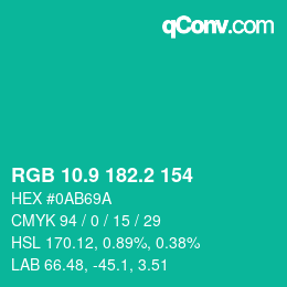 カラーコード: RGB 10.9 182.2 154 | qconv.com