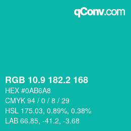 カラーコード: RGB 10.9 182.2 168 | qconv.com