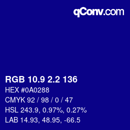カラーコード: RGB 10.9 2.2 136 | qconv.com