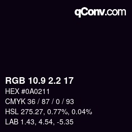 カラーコード: RGB 10.9 2.2 17 | qconv.com