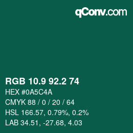 カラーコード: RGB 10.9 92.2 74 | qconv.com