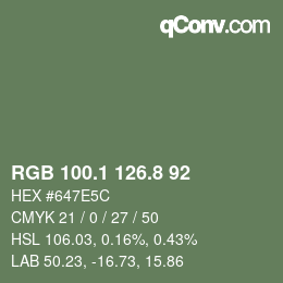 Color code: RGB 100.1 126.8 92 | qconv.com