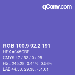 カラーコード: RGB 100.9 92.2 191 | qconv.com