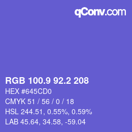 カラーコード: RGB 100.9 92.2 208 | qconv.com