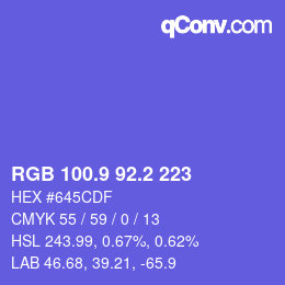 カラーコード: RGB 100.9 92.2 223 | qconv.com