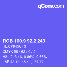 カラーコード: RGB 100.9 92.2 243 | qconv.com