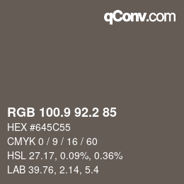 Color code: RGB 100.9 92.2 85 | qconv.com