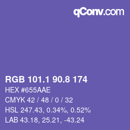 カラーコード: RGB 101.1 90.8 174 | qconv.com